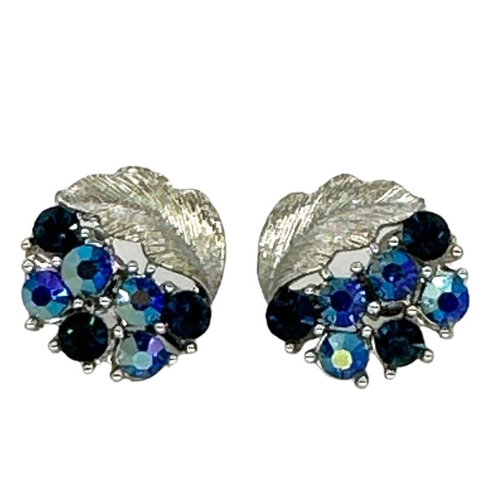Vintage LISNER Screw Back Earrings Blue Rhinestone Leaf Design Clip Earrings